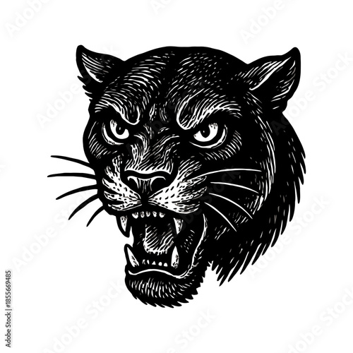 Fierce black panther head illustration with bared teeth in monochrome style.