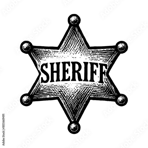 Vintage sheriff badge icon in black and white illustration style.
