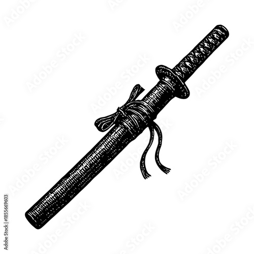 Hand-drawn katana sword illustration with intricate handle detail.