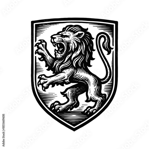 Heraldic lion emblem on shield in vintage black and white design.