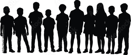 Silhouette, group, of, children, standing, together, side, by, side, friends, teamwork, unity, diversity, childhood, youth, outdoors, happy, kids, background, concept