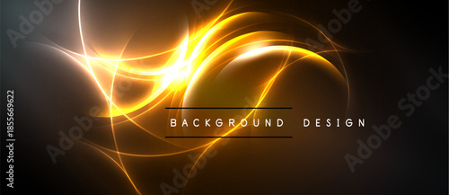 Abstract golden energy flows, dynamic curves, dark background. Modern design element, bright illumination, visual impact.