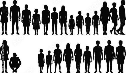 Demographic silhouette diversity, age progression, sitting standing figures, black vector art, human development, posture variety, minimal design
