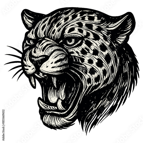 Fierce roaring leopard head illustration in black and white.