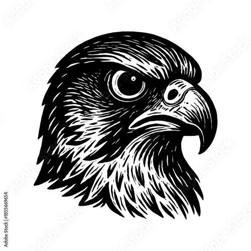 Intricate black and white hawk illustration featuring bold details.