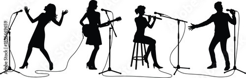 Live, band, musicians, silhouettes, singing, and, playing, guitar, flute, on, stage, concert, performance, vocalists, artists, music, show, entertainment, audience, concept