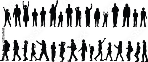 People silhouette, walking and standing, black figures, white background, posture variation, gesture diversity, human motion, expressive stance, daily activity, interaction pose