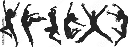 Jumping silhouettes, expressive dancers, mid-air pose, dynamic movement, artistic gesture, vector people, black shapes, celebration vibe, dance energy, freedom stance