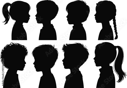 Children profile silhouettes set, boys and girls faces, side view, kids heads, black vector illustration, childhood, people icons