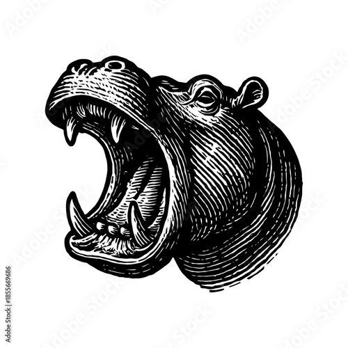 Detailed black and white woodcut illustration of hippopotamus head.