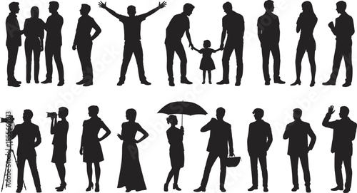 People silhouette collection, men women family professionals standing poses, communication, work, lifestyle activities, diversity, isolated on white background, vector illustration