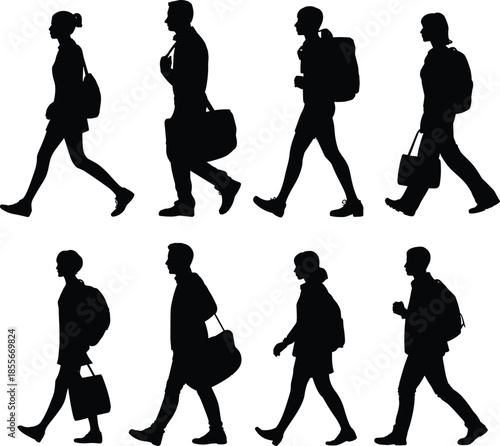 Walking silhouette, people in motion, black figures, white background, posture study, accessories, backpacks, handbags, shoulder bags, human gait, side view