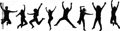 Jumping silhouette figures, raised arms pose, joyful motion, celebration energy, black vector art, freedom gesture, minimal design, dynamic leap