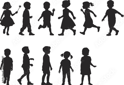 Children silhouettes collection playful boys girls walking running childhood activity cute kids poses isolated on white background vector illustration set