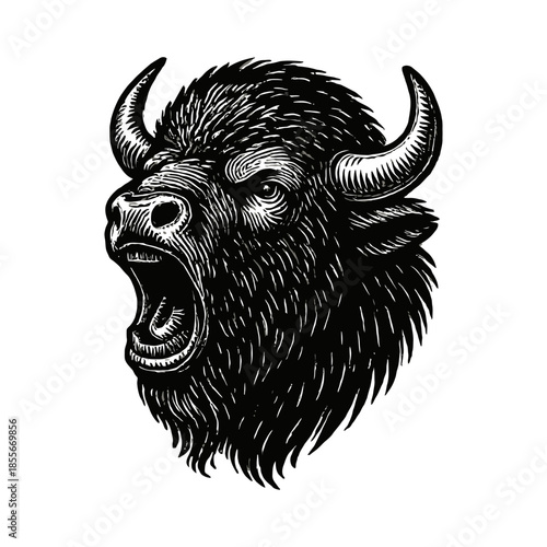 Fierce bison head illustration with detailed line art on white background.