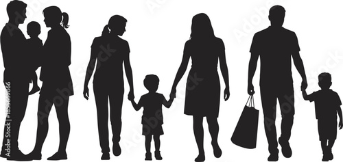 Happy,family,silhouettes,parents,and,children,walking,together,mother,father,kids,holding,hands,black,vector,illustration,people,love,relationship,set