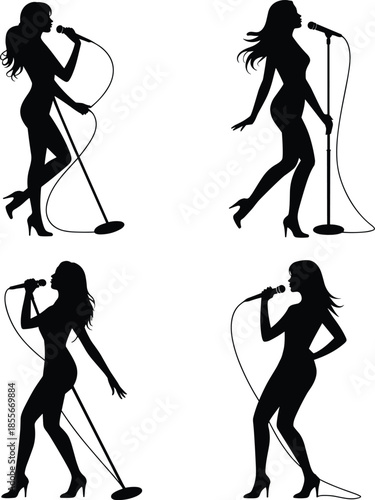 female, singer, silhouettes, woman, singing, microphone, performer, stage, music, concert, artist, vocalist, performance, spotlight, entertainment, pop, star, stylish, elegant, pose