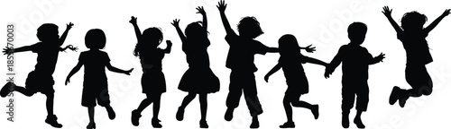 Happy, children, silhouettes, jumping, and, playing, together, outdoors, fun, kids, group, joyful, movement, summer, activity, youth, energy, free, playtime