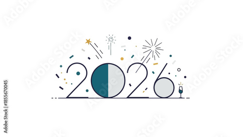 Minimalist graphic design featuring the year 2026 celebrated with abstract confetti bursts and stylish festive elements against a dark background