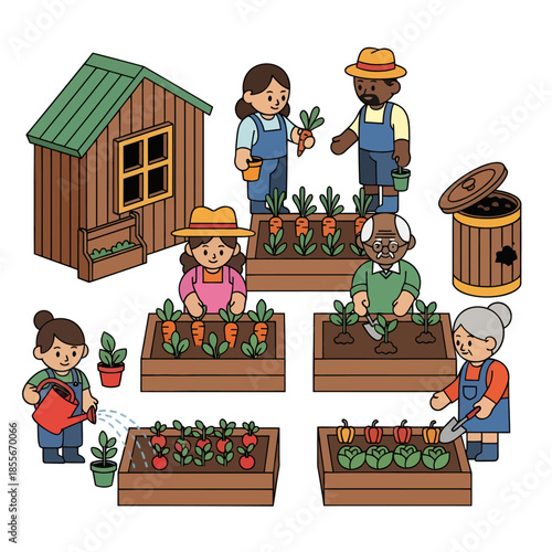 Community Members Planting and Watering in Vegetable Garden Vector
