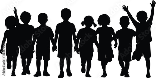 Silhouette, group, of, happy, children, walking, together, joyful, kids, outdoors, friendship, unity, childhood, freedom, fun, energy, playful, youth, lifestyle, concept