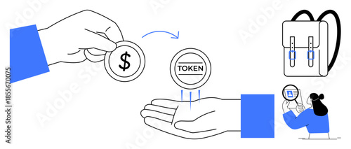 Token exchange concept. Hands exchanging a dollar coin for a token token exchange. Token transfer in the digital era for finance, technology, and e-commerce. Perfect for fintech, blockchain