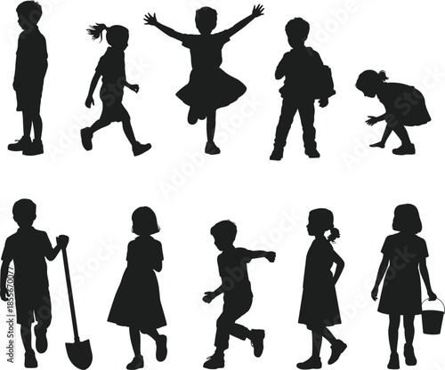 Silhouettes of playful children jumping, running, dancing, interacting, expressing joy, movement, fun, activity, childhood, energy, freedom, happiness, togetherness