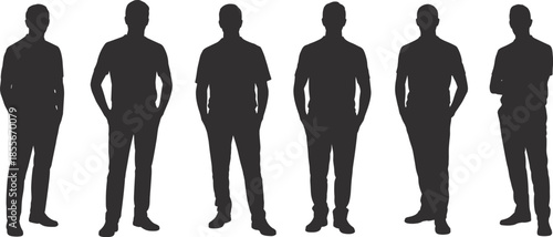 Male silhouettes collection standing men isolated on white background casual confident poses people illustration vector set design