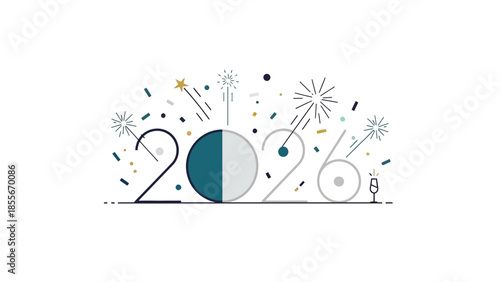 Minimalist graphic design celebrating the arrival of the new year 2026 featuring abstract confetti bursts and a stylized numeral zero