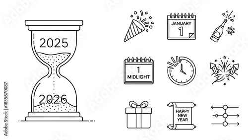 Simple outline drawing illustrating the concept of limited time management with an hourglass symbol and abstract scientific notation nearby