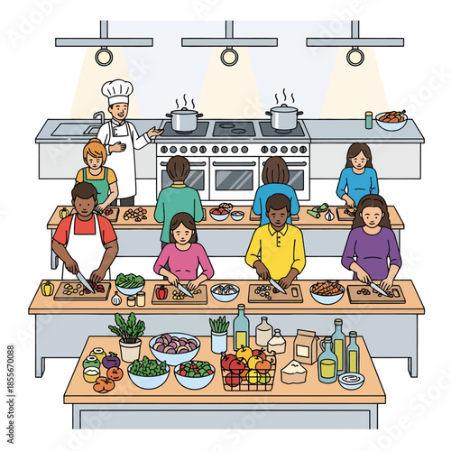 Chef Teaching Diverse Students in Group Cooking Class Vector Illustration