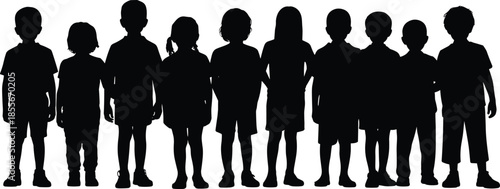 Children silhouette, standing kids, black figures, white background, diverse posture, group unity, childhood theme, expressive stance, educational concept, youth lineup