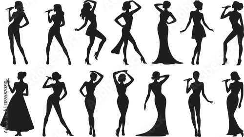 Female,singer,silhouettes,with,microphone,elegant,women,posing,and,performing,on,stage,black,vector,illustration,fashion,model,music,art,set
