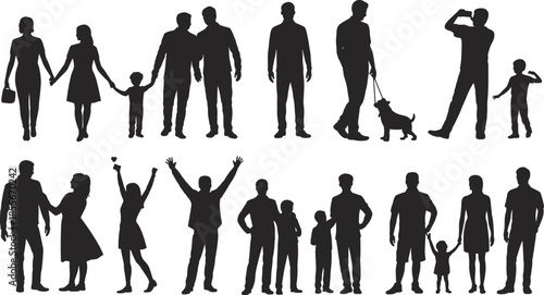 Family and social silhouette set, interaction poses, black vector art, relationship diversity, minimal design, everyday gesture theme
