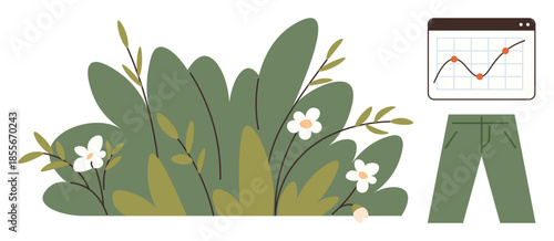 Dense green foliage with white flowers, a line graph tracking growth, and green pants symbolizing sustainability. Ideal for ecology, data analysis, trends, sustainability, growth, nature fashion