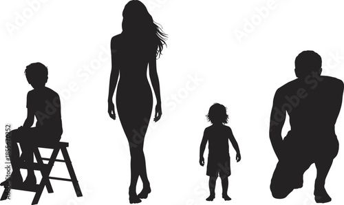 Silhouette, of, man, woman, and, children, family, figures, standing, sitting, walking, isolated, on, white, background, parenting, lifestyle, people, concept, illustration