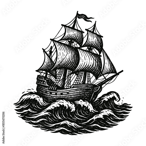 Vintage sailing ship illustration with billowing sails and ocean waves.