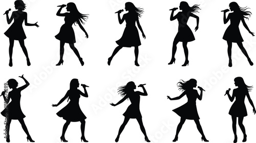Female,singer,silhouettes,with,microphone,dancing,and,performing,on,stage,stylish,women,in,dresses,black,vector,illustration,music,art,setFemale,singer,silhouette