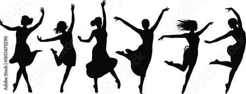 Dancer silhouette, expressive pose, black figures, white background, graceful movement, dance gesture, artistic stance, female form, dynamic motion, performance art