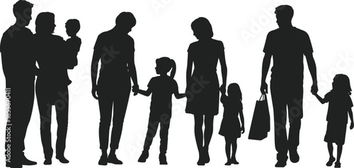 Happy,family,silhouettes,parents,and,children,walking,together,mother,father,kids,holding,hands,black,vector,illustration,people,love,relationship,set