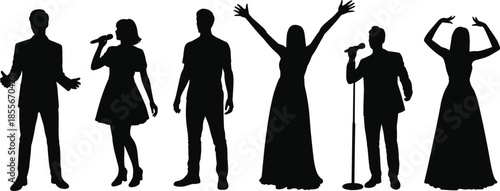 Performer silhouette illustration, expressive poses, singing and speaking, stage presence, microphone figures, vector art, black silhouettes, artistic motion