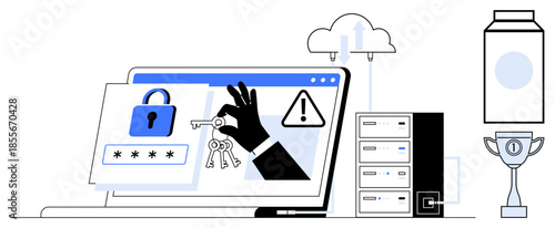 Cybersecurity concept. Cybersecurity visuals with a laptop, data protection icons, and key of online security. Cybersecurity protects sensitive data and systems. For IT infrastructure, data safety