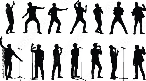 Male, singer, silhouettes, performing, microphone, stage, dancing, poses, people, black, vector, illustration, music, concert, performance, artist, show, entertainment, concept, set