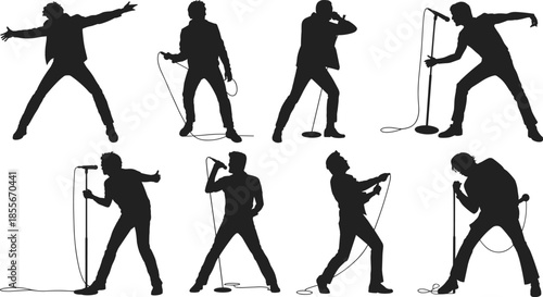 Singer silhouette poses, microphone cord gestures, expressive performance, black vector art, stage energy, vocal motion, minimal design