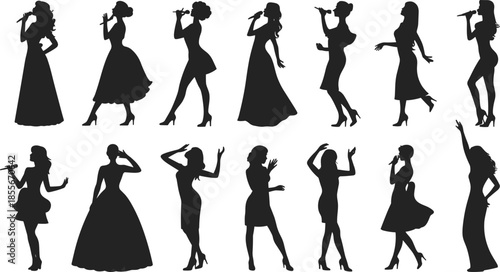 Female,singer,silhouettes,with,microphone,on,stage,elegant,women,singing,poses,in,dress,collection,black,vector,illustration,performance,art,set