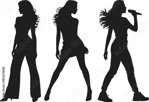 Women silhouette, stylish pose, black figures, white background, fashion stance, microphone performance, expressive posture, flowing hair, artistic style, dynamic gesture