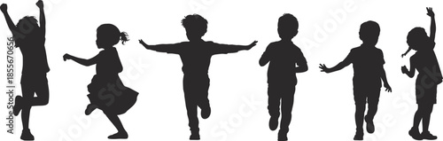 Happy,children,silhouettes,running,and,playing,outdoors,kids,dancing,jumping,having,fun,on,white,background,black,vector,illustration,childhood,conceptHappy