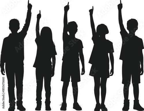 Silhouette, of, children, pointing, up, with, raised, finger, group, of, kids, standing, together, isolated, on, white, background, education, concept, teamwork