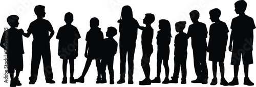 Children silhouette lineup, kids standing together, different ages and heights, childhood diversity, group formation, isolated on white background, vector illustration