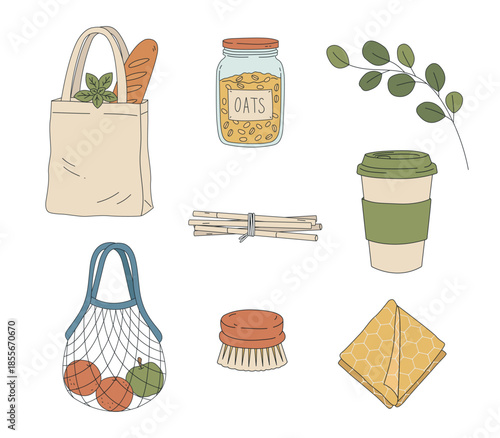Eco lifestyle set with bag with baguette, oats jar, eucalyptus, fruit string bag, scrub brush, wax wrap, wooden straws, and a reusable mug. Illustrations for farm ads, yoga blogs, and wrapping paper.